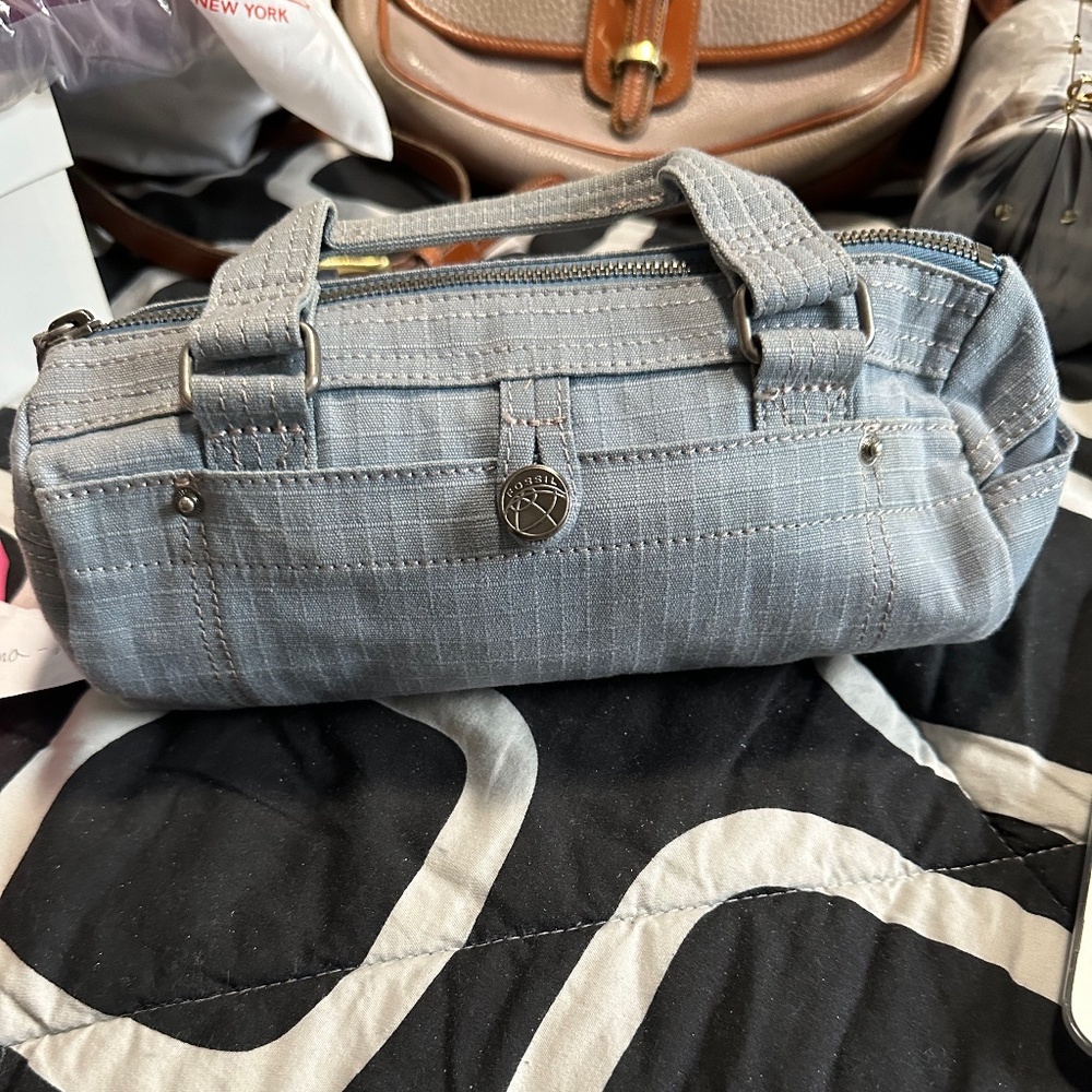 fossil denim barrel bag